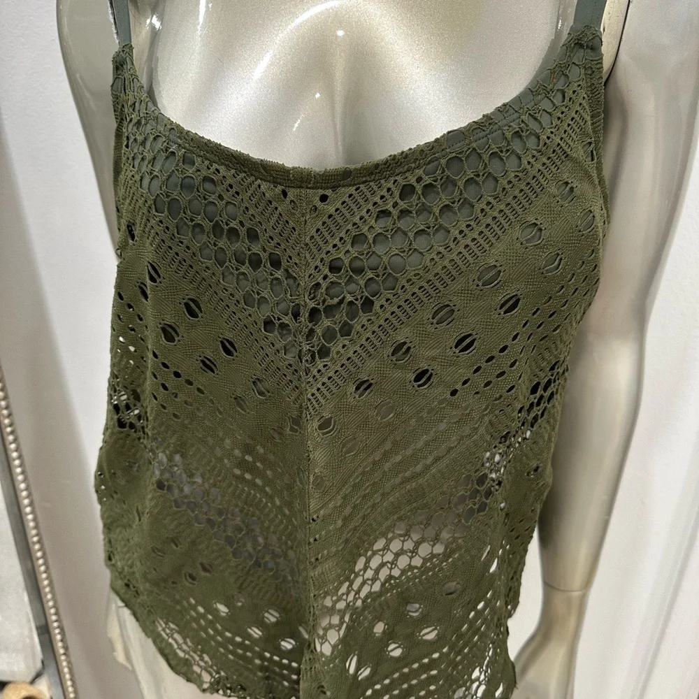 Women’s 2 Piece Swimsuit Bikini Size 12 crochet army green flawy top - Picture 3 of 13
